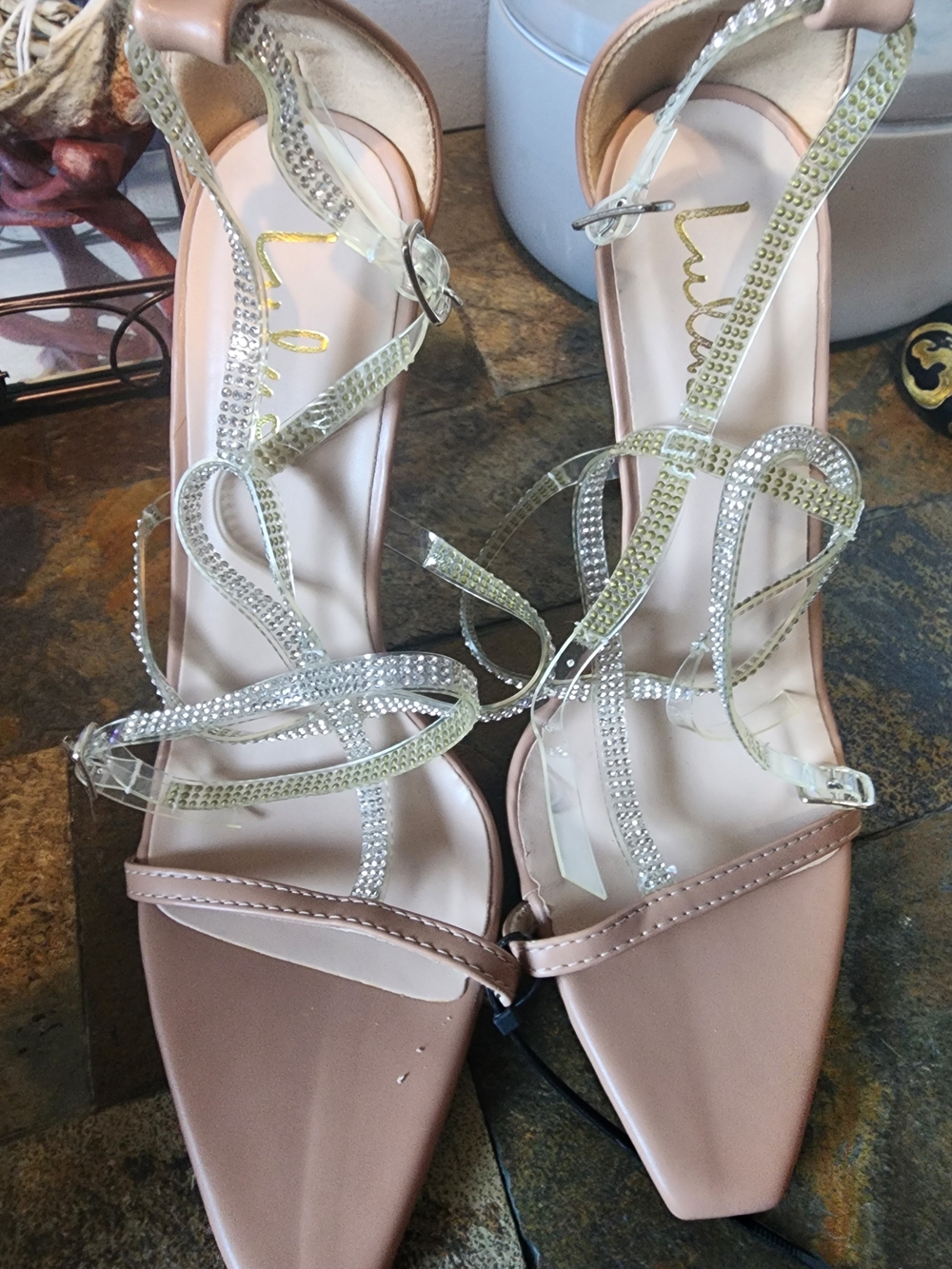Lulus Strappy Rhinestone Dress Heels in Blush Nude Sz 8.5